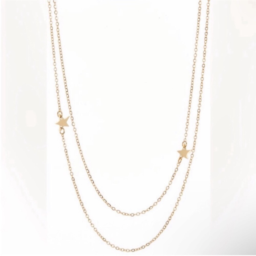 Jennifer Zeuner Double Star Layer Chain Necklace 14K Gold Plated Stainless Steel